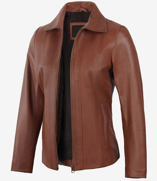 Women's Cognac Zipper Closure Lambskin Leather Coat image 0