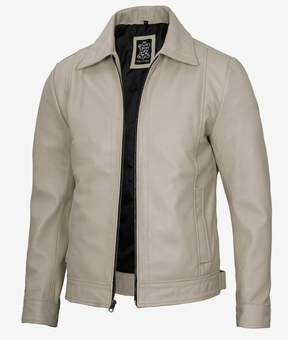 Men's Beige Classic Shirt Collar Real Leather Jacket image 0