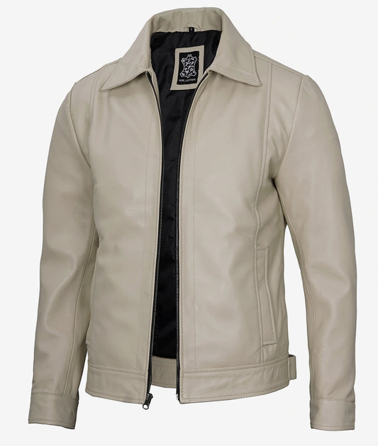 Men's Beige Classic Shirt Collar Real Leather Jacket image 0