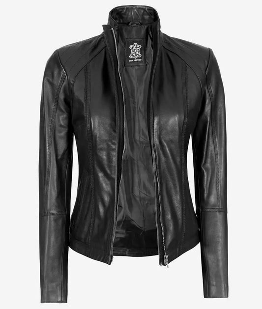 Women's Acerra Black Cafe Racer Leather Jacket image 0