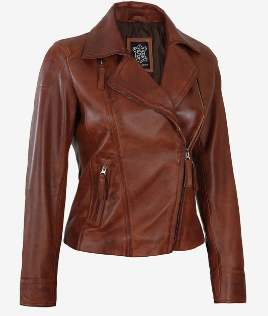 Women's Asymmetrical Cognac BrownLeather Biker Jacket image 0
