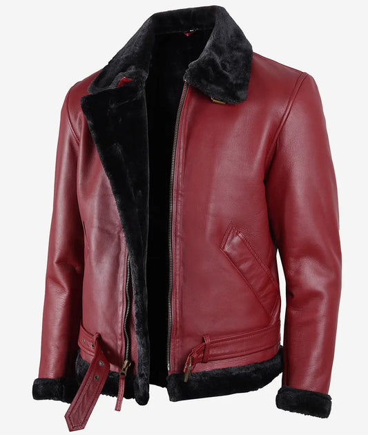 Men's Shearling Maroon Leather Bomber Jacket with a Belted Waist image 0