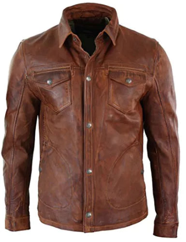 Washed And Waxed Genuine Lambskin Leather Distressed Brown Shirt image 0