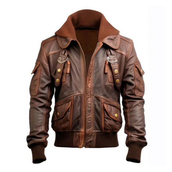 Men's Flight Lapel Hooded Faux Shearling Brown Leather Jacket image 0