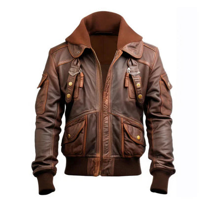 Men's Flight Lapel Hooded Faux Shearling Brown Leather Jacket image 0