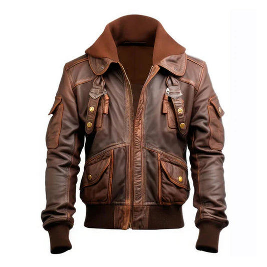 Men's Flight Lapel Hooded Faux Shearling Brown Leather Jacket image 0