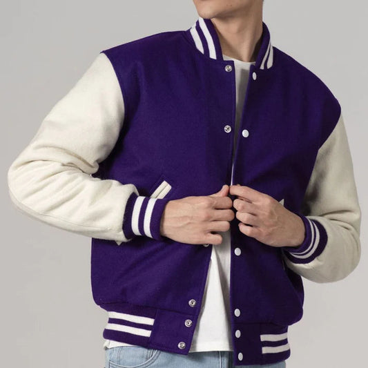 Men's Customizable Purple & White All-Wool Varsity Jacket image 0