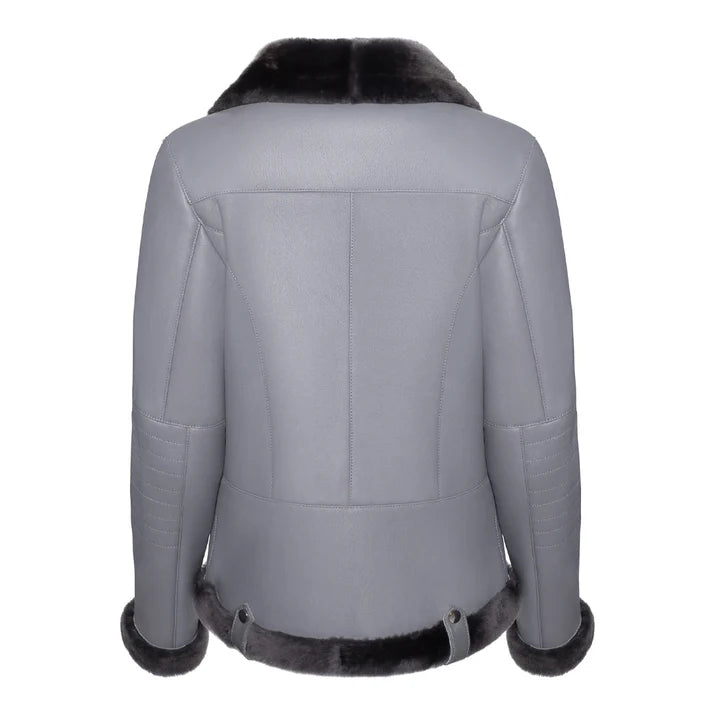 Women's Grey Merino Shearling Black Fur Leather Jacket image 1