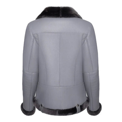 Women's Grey Merino Shearling Black Fur Leather Jacket image 1