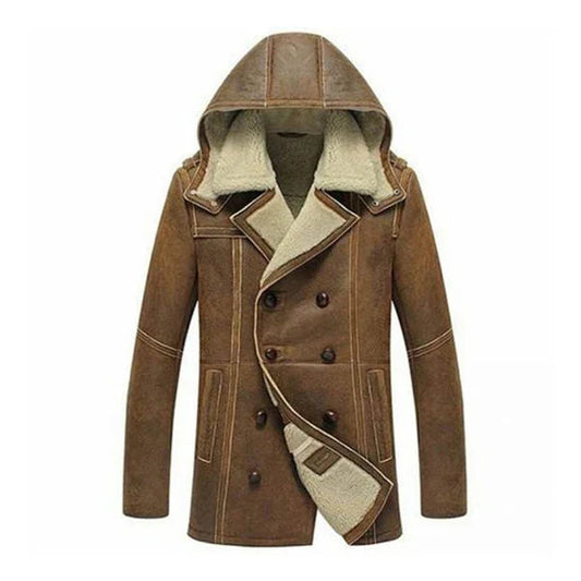 Men's B3 Hooded Shearling Real Brown Leather Coat image 0