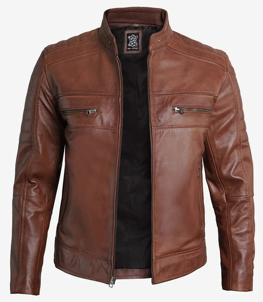 Men's Cognac Brown Cafe Racer Leather Jacket image 0