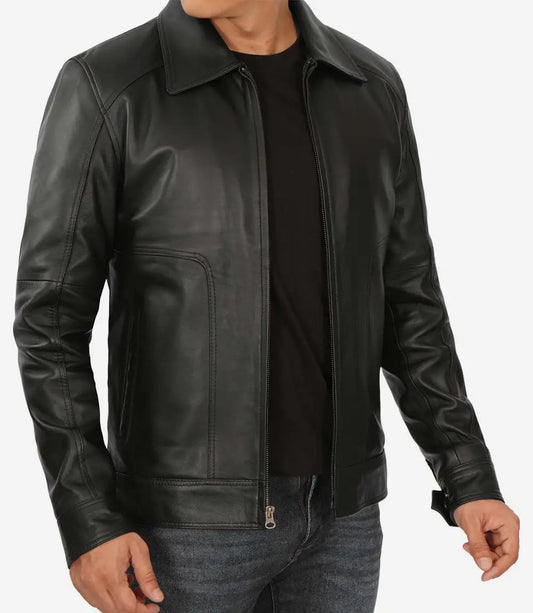 Men's Classic Black Shirt Collar Leather Jacket image 0