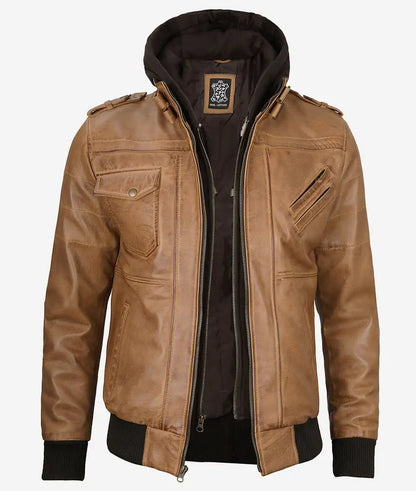 Men's Camel Brown Bomber Leather Jacket Removable Hood image 1