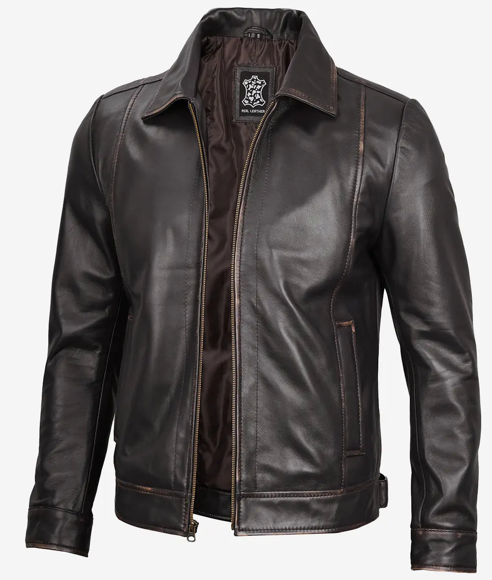Reeves Men's Dark Brown Shirt Collar Leather Jacket image 0