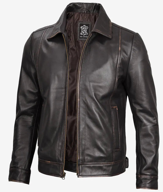 Reeves Men's Dark Brown Shirt Collar Leather Jacket image 0