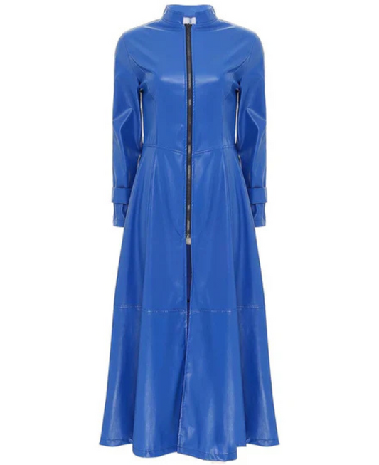 Women's Blue Ankle-Length Leather Trench Coat image 0