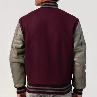 Men's Maroon & Grey Leather Sleeves Varsity Jacket image 1