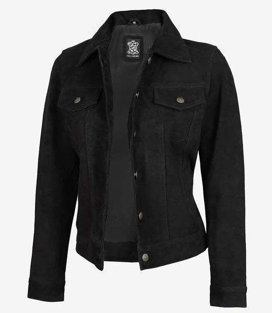 Women's Black Classic Suede Trucker Jacket image 0
