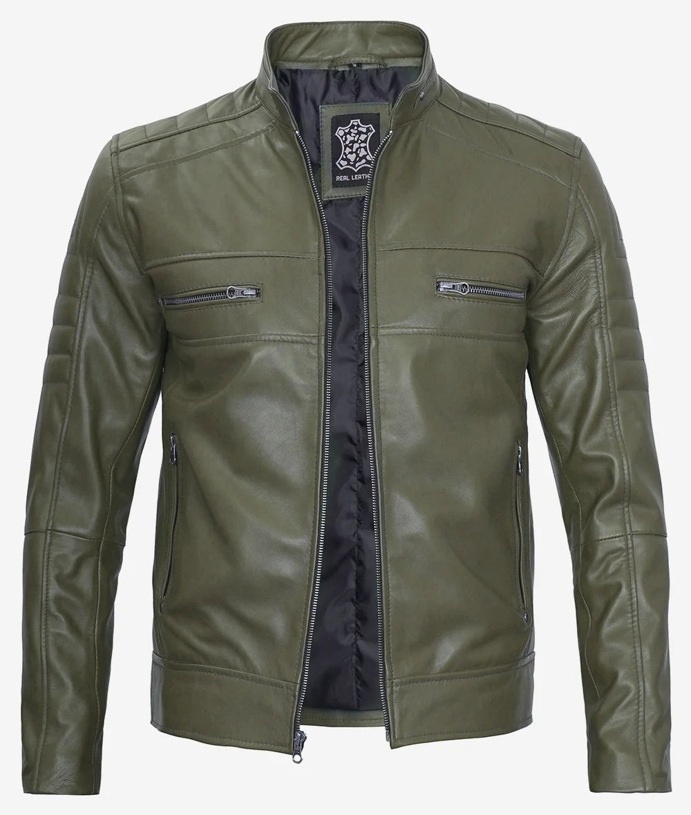 Men's Military Green Cafe Racer Leather Jacket image 1