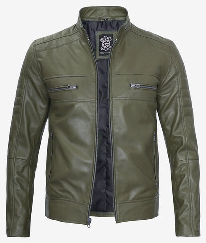 Men's Military Green Cafe Racer Leather Jacket image 1