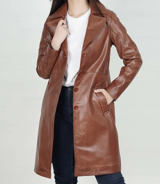 Women's Cognac Long Leather Car Coat image 0