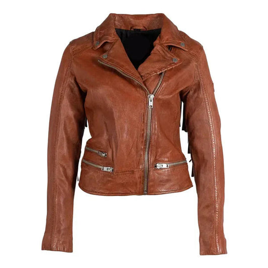 Women’s Tan Brown Burnt Fringe Leather Jacket image 0