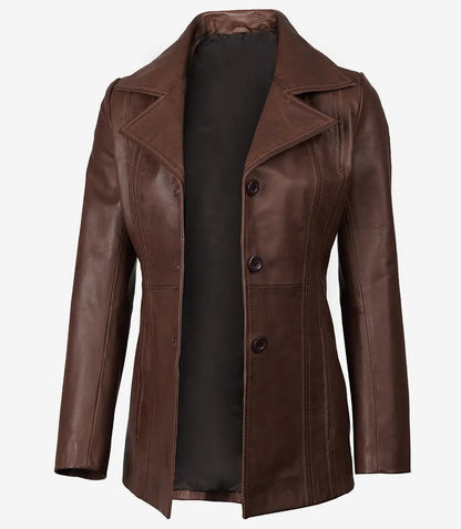 Women's Dark Brown Leather Coat - Three Button image 0