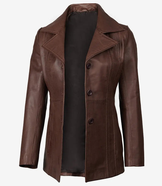 Women's Dark Brown Leather Coat - Three Button image 0