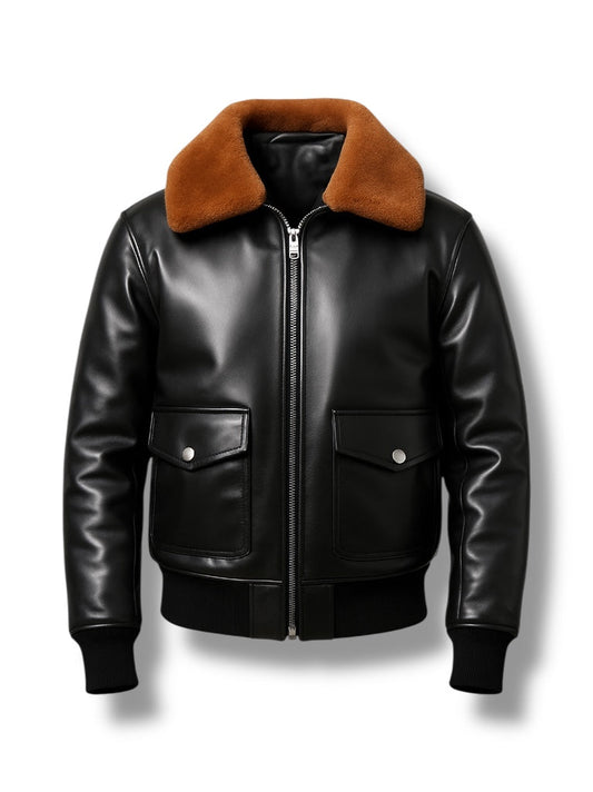 Shearling Collar Leather Jacket For Men.