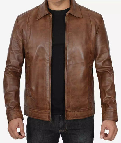 Reeves Men's Chocolate Brown Shirt Collar Leather Jacket image 1