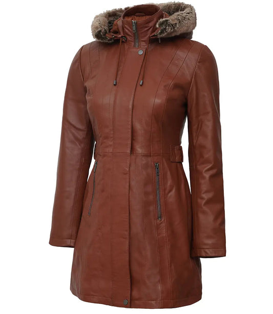 Women's Brown Leather Coat | Fur Trim Removable Hood image 0