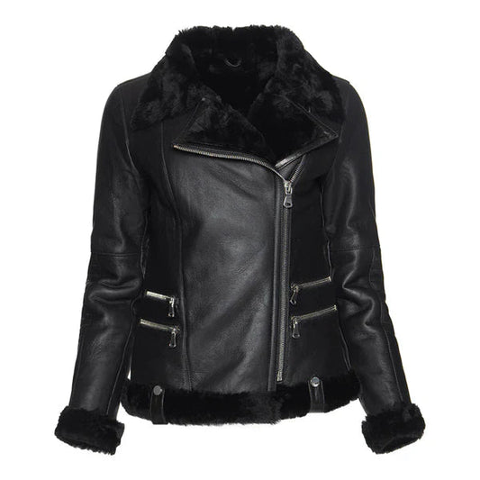 Women's Spanish Merino Black Faux Shearling Leather Jacket image 0