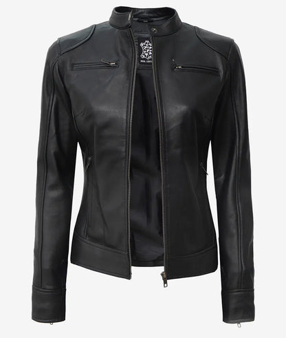 Women's Black Premium Real Leather Biker Jacket image 1