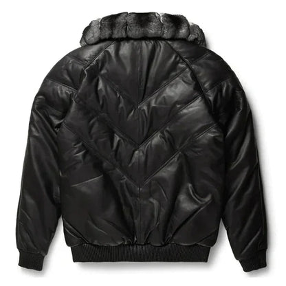 Men's V-Bomber Full Fox Collar Faux Shearling Black Leather Jacket image 1
