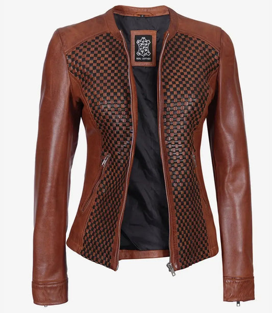 Women's Textured Brown Leather Cafe Racer Jacket image 0