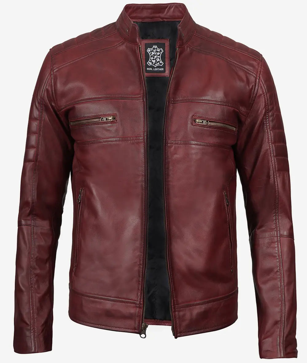 Men's Maroon Cafe Racer Leather Jacket image 1