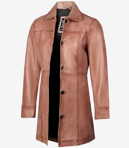 Women's Pink Cognac Button Down Waxed Leather Coat image 0