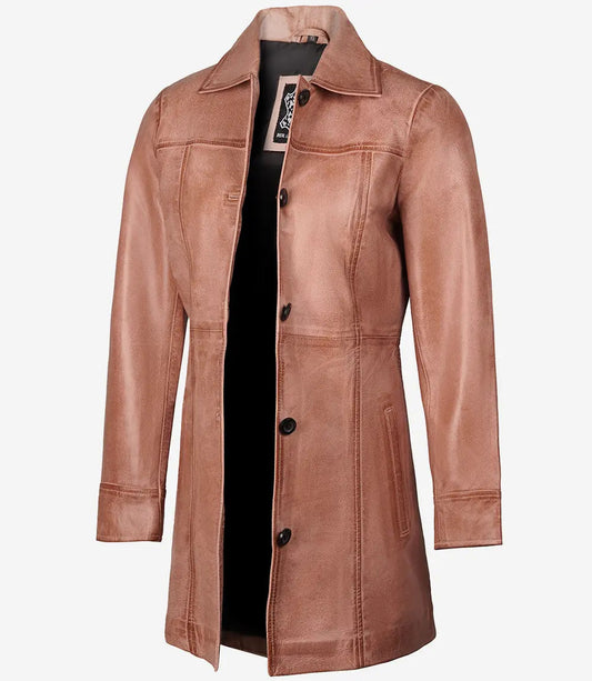 Women's Pink Cognac Button Down Waxed Leather Coat image 0