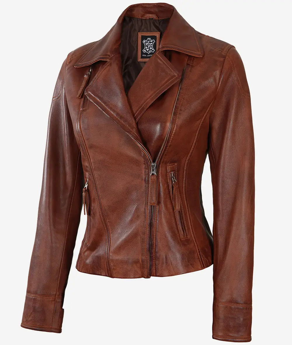 Women's Asymmetrical Cognac BrownLeather Biker Jacket image 1