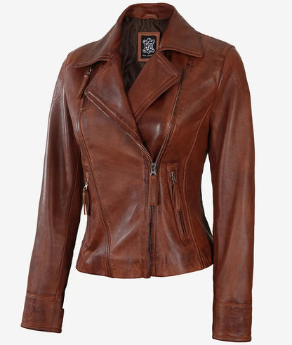 Women's Asymmetrical Cognac BrownLeather Biker Jacket image 1