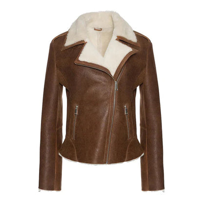 Women's Cognac Shearling Straight Moto Leather Jacket image 0