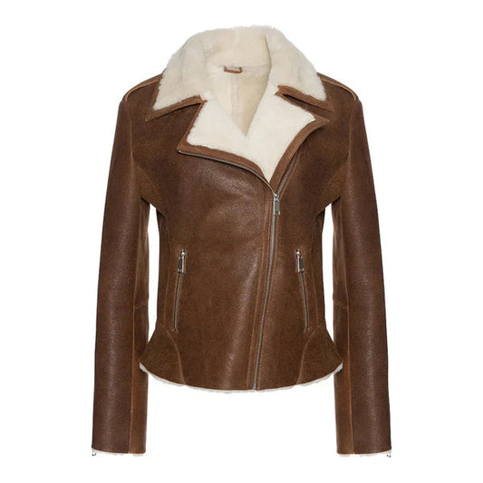 Women's Cognac Shearling Straight Moto Leather Jacket image 0
