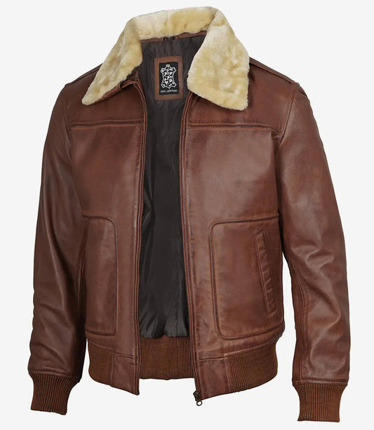 Men's Fur Collar Cognac Leather Bomber Jacket image 0