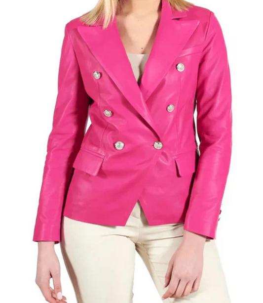 Women's Double Breasted Pink Leather Coat image 0