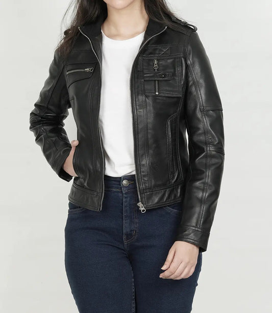 Women's Black Moto Leather Jacket - Classic Biker Style image 0
