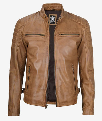 Men's Cafe Racer Camel Brown Leather Jacket image 1