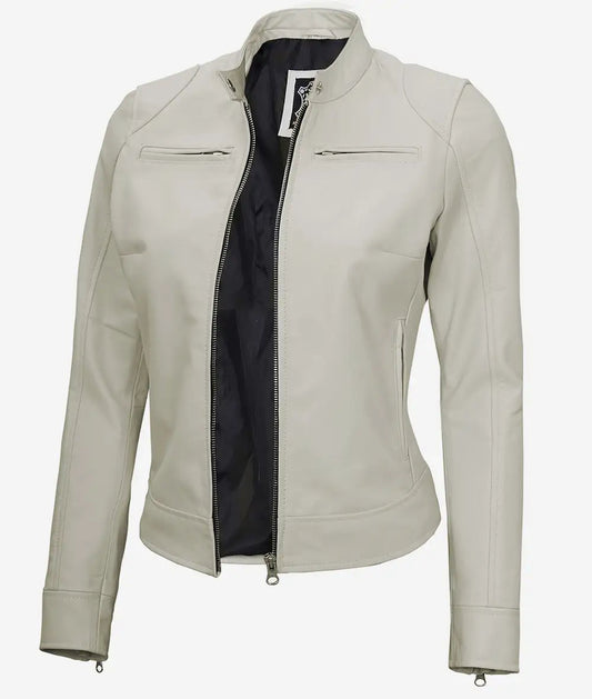 Women's Off White Cafe Biker Leather Jacket image 0