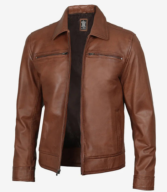 Men's Classic Cognac Shirt Collar Leather Jacket image 0