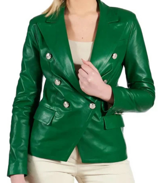 Women's Double Breasted Green Leather Coat image 0