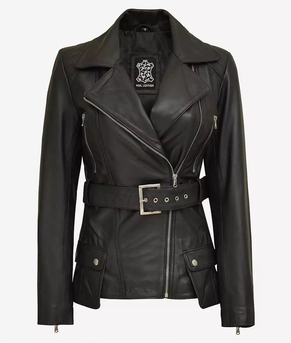 Women's Black Belted Moto Leather Jacket image 0